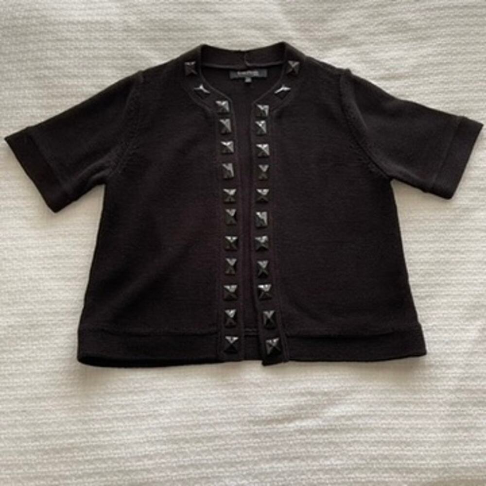 PXL Evan Picone Black Beaded Open-Front Short-Sleeve Cardigan